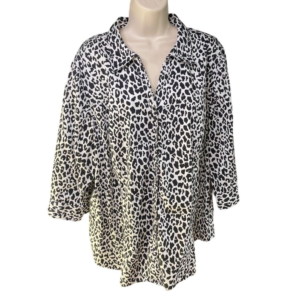 Lane Bryant Button Down Blouse Animal Print Top Plus Size 26 Black White u